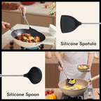 FJNATINH Silicone Wok Spatula and Ladle Set - Stainless Steel Wok Tools, Wok Utensil,Non Stick Heat-Resistant Cooking Utensils BPA Free Kitchen Utensils Cookware (Black Stainless Steel-2PCS)