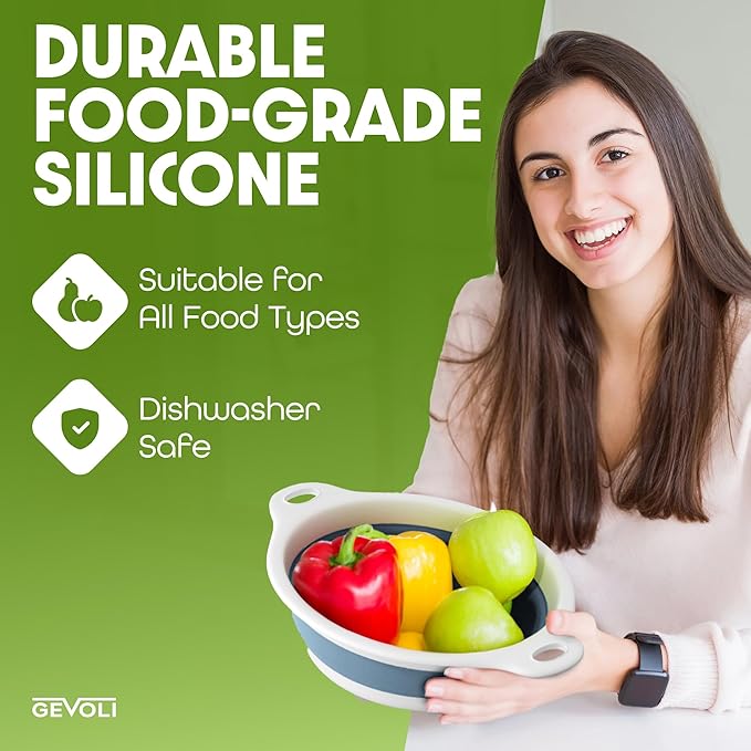 Collapsible Colanders (2 Pack Set) Food Strainers with Over-Sink Water Draining Base for Pasta Fruits and Vegetables (4 and 5 Quart) - White Blue