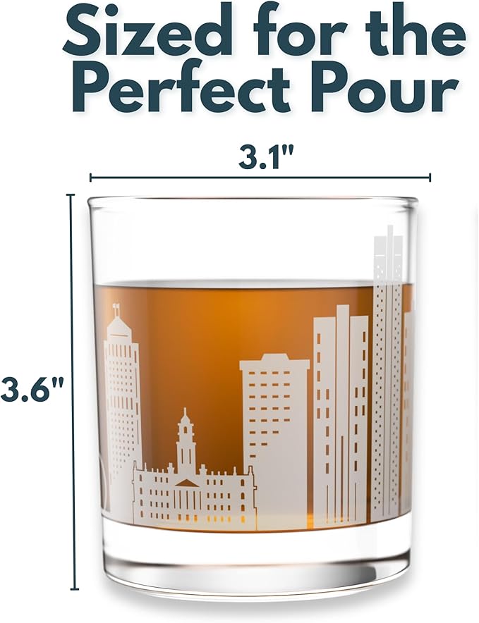 Greenline Goods – Detroit, MI Skyline Whiskey Glasses (Set of 2), 10 oz – Rocks/Old Fashioned Tumblers