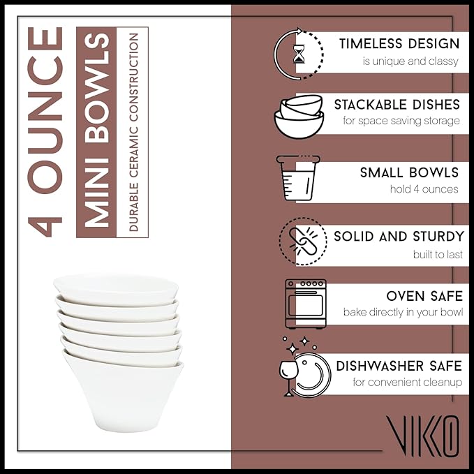 Vikko Mini White Bowls, Set of 6 Fine Ceramic White Bowls, 3.75 Ounce Small Bowl, Elegant Shape, Versatile for Dips, Desserts or Candy Dish, Dishwasher Safe