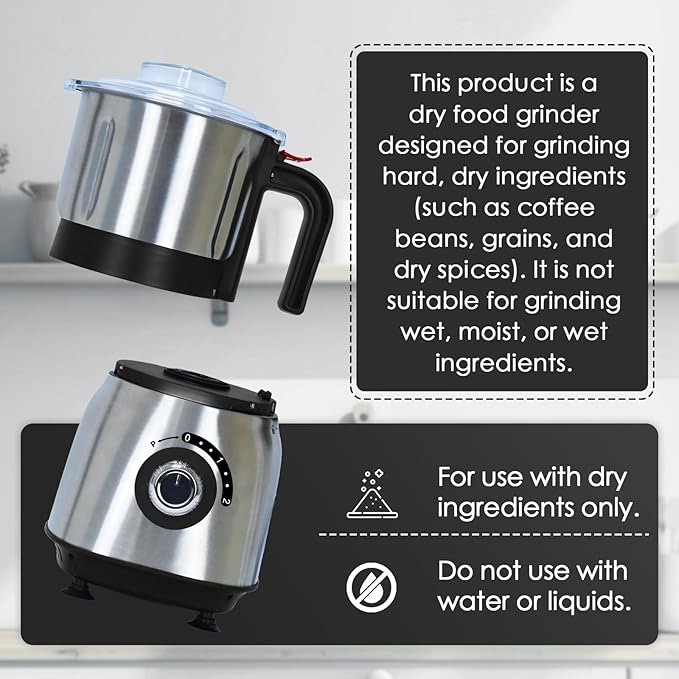 Electric Spice and Nut Grinders - 3 Stainless Steel Blades, 1 Filter, 1 Brush - 500W Grinder for Kitchen Dry Use (Black)