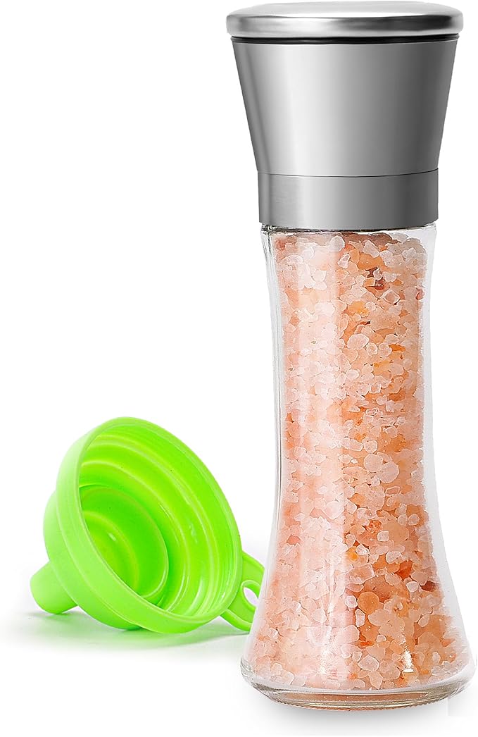 M JINEMEI Salt and Pepper Grinder Tall Size - Black Pepper, Herb Shakers Mill Refillable Manual - Stainless Steel Lid - Adjustable Coarseness - Glass Material- Fits in Home, Kitchen, Barbecue