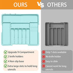 Homecor Silverware Organizer - Expandable Large Kitchen Drawer Organizer Utensil Organizer with 2 Knife Block Inserts, 22"x 19"Cutlery Tray with Drawer Dividers for Kitchen Flatware (Turquoise)
