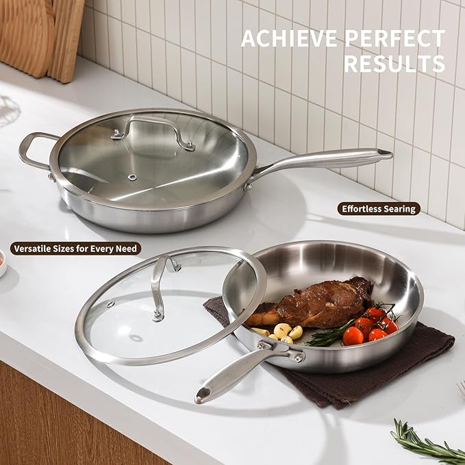 Tri-Ply Stainless Steel Pan Set, PFOA and PTFE-Free Skillet Griddle, Stainless Steel Pan Set with Lid for the Kitchen, Induction-Compatible Cookware Sets, Dishwasher and Oven Safe