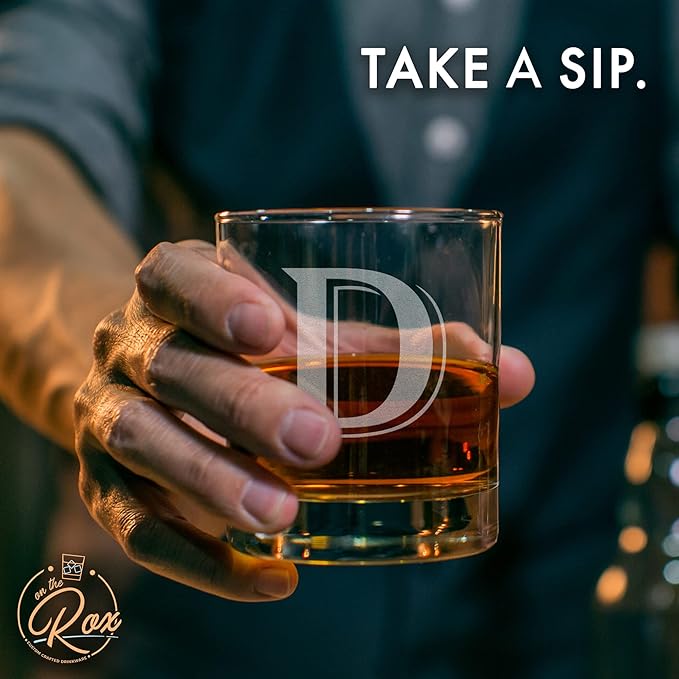 Monogrammed Gifts for Men - 4PC 11 Oz Custom Whiskey Glasses (D-Monogram) - Engraved and Personalized Bourbon Glasses - Unique Glass Gifts for Dad