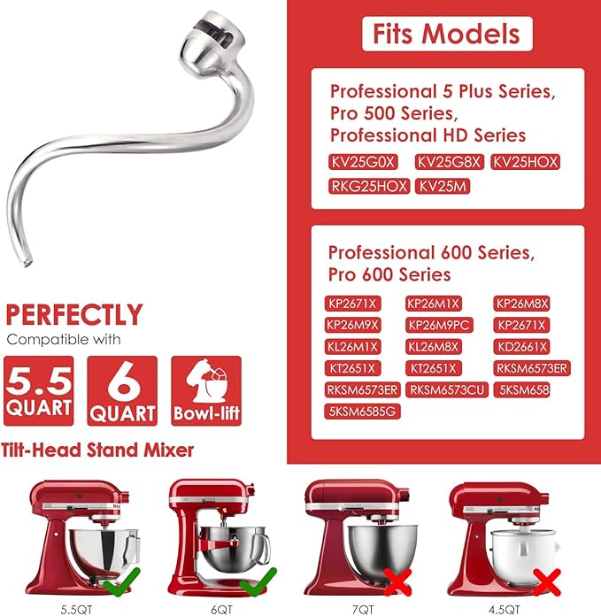 Stainless Steel 3 Piece kit Attachments for KitchenAid Stand Mixer and 5.5-6 Quart Bowl, Dishwasher Safe (5.5-6QT Flat Beater, 6QT Dough Hook, KN256 6-Wire Whip Attachment)