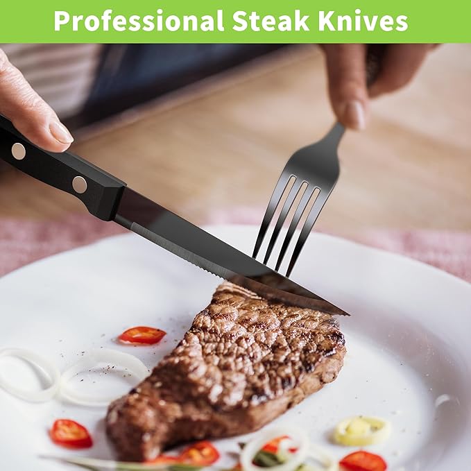 24-Piece Black Silverware Set with Steak Knives, Stainless Steel Flatware Cutlery Set for 4, Spoons Forks and Knives Sets, Mirror Finished Utensil Sets Dishwasher Safe for Home Restaurant