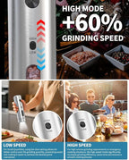 CIRCLE JOY Electric Salt and Pepper Grinder Set with Rechargeable Base Upgraded Stainless Steel Automatic Salt and Pepper Shakers with 2 Grinding Speeds, External Adjustment and 176ml Capacity, Silver