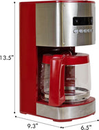 Kenmore Drip Coffee Maker - Programmable Cafe Machine With Glass Pot, Regular & Bold Brew, Auto Shut Off Large Water Reservoir, Reusable Filter, Kitchen Appliances For Cafeteria Barista, 12 Cup Red