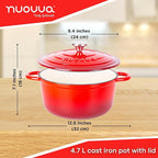Cast Iron Pot with Lid – Non-Stick Ovenproof Enamelled Casserole Pot, Oven Safe up to 500° F – Sturdy Dutch Oven Cookware – Red, 5-Quart, 24cm – by Nuovva