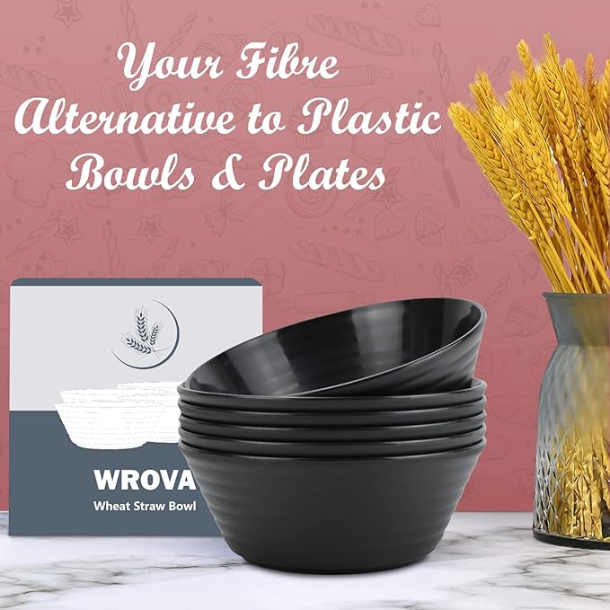 Wheat Straw Bowl Sets,6 PCS Unbreakable Cereal Bowl 36 OZ,Microwave and Dishwasher Safe Bowls,Soup Bowl Sets BPA Free Apartment Bowl for Serving Cereal,Oatmeal and Salad (Black)