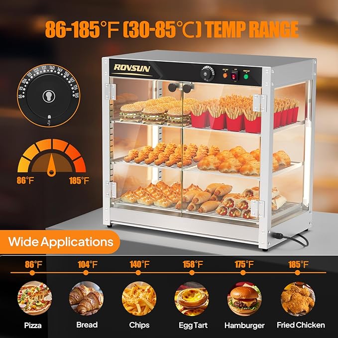 ROVSUN 3-Tier Commercial Food Warmer, 27" Pizza Warmer Food Warmer Display with LED Adjustable Lighting Glass Door Removable Shelves, Countertop Electric Food Warmer for Buffet Restaurant 110V 800W