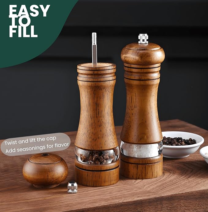 2-Piece Salt and Pepper Grinder Set, 6.5 Inch Wooden Salt and Pepper Mills with Adjustable Coarseness, Refillable Manual Pepper Mill Grinder for Home Cooks (Brown)