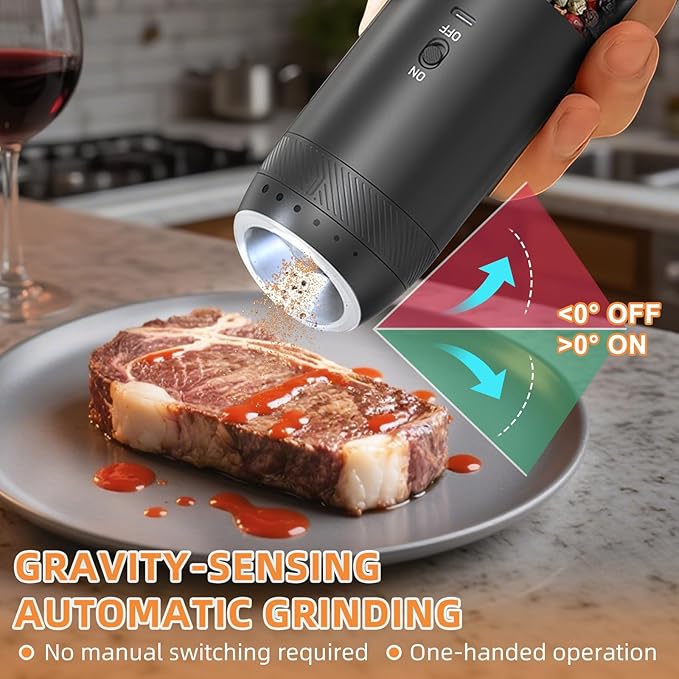 Gravity Electric Salt and Pepper Grinder Set Rechargeable, External Adjustable Coarseness, Automatic Salt and Pepper Shakers Mill with LED Light, 6oz/176ml Large Capacity, House Warming Gifts (2 Pack)