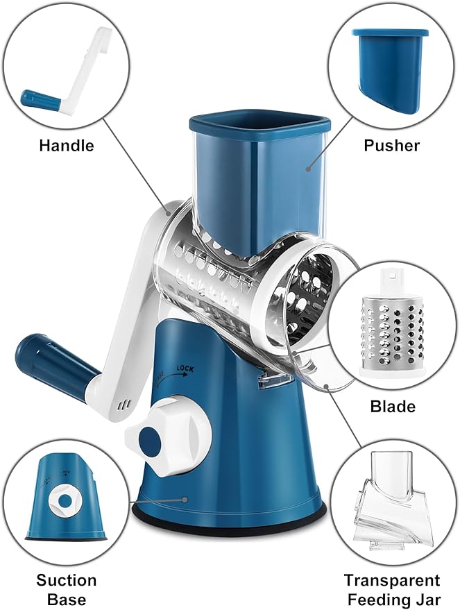 Cheese Grater Rotary, Rotary Grater for Kitchen, Kitchen Grater Vegetable Slicer with 3 Drum Blades, Fast Cutting Cheese Shredder for Vegetables and Nuts