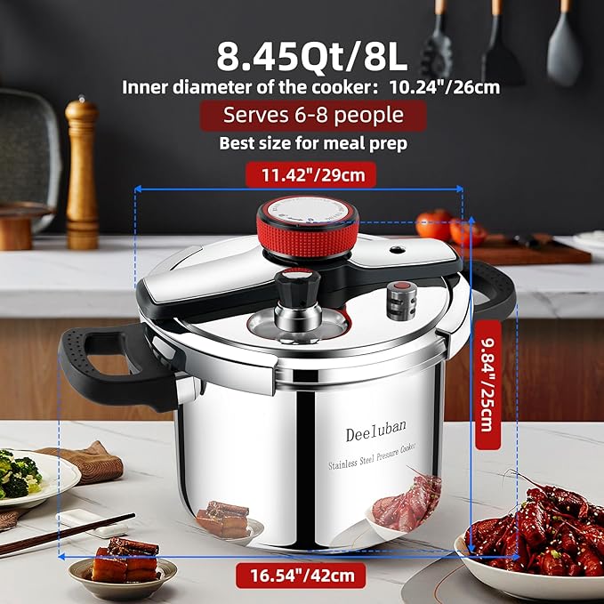 Pressure Cooker Stainless Steel 8 Qt, Commercial Stove Top Pressure Cooker Pot, One-Hand Locking, Compatible with Gas & Induction, Fast Cooking for Large Meals, Dishwasher Safe, Deeluban
