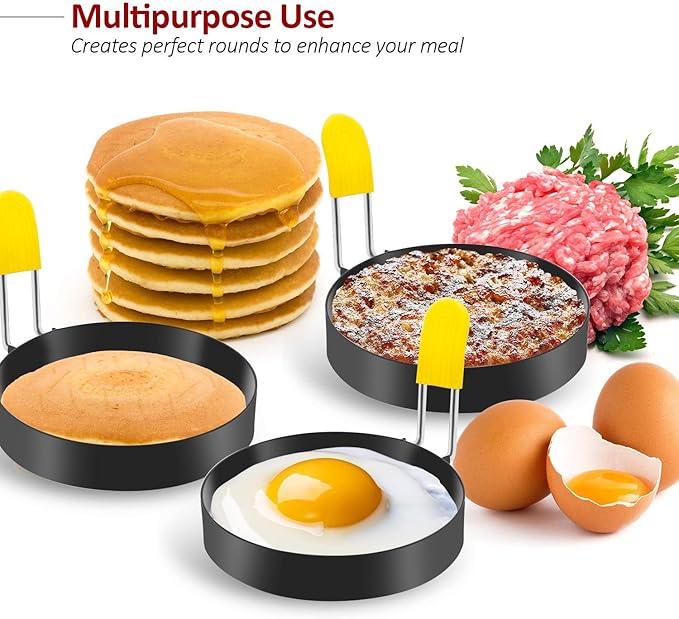 Egg Ring for Frying Eggs and English Muffin - Round Egg Shaper Mold with Anti-scald Handle - Stainless Steel Non-stick Egg Cooker Ring - 4 Pack