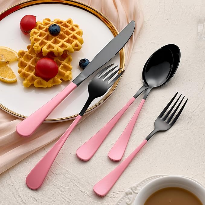 20-Pieces Blac and Pink Silverware Sets for 4,Pink Handle Stainless Steel Cutlery Set, Include Forks Spoons and Knives Set, Dishwasher Safe Utensil Sets for Home Restaurant