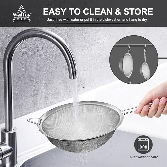Walfos Large Fine Mesh Strainer 9.35" & 7.8", Stainless Steel Mesh Sieve with Sturdy Handle, Kitchen Metal Food Strainers for Quinoa, Rice, Pasta, Fruits, Vegetables, etc., Set of 2