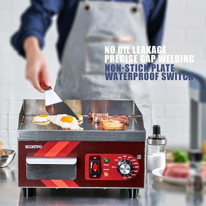 14 Inch Electric Griddle, Non-Stick Flat Top Grill Commercial Electric Countertop Griddles Stainless Steel Adjustable Temperature Control 90℉-575℉ for Home or Restaurant Use
