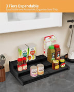 Spice Rack Organizer, 3 Tier Expandable Bamboo Spice Rack Organizer, Great for Kitchen Cabinet, Cupboard, Pantry and More-Black