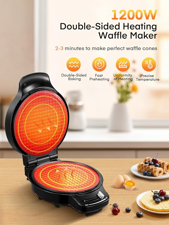 FOHERE Waffle Cone Maker Machine and Ice Cream Bowl Maker with Browning Control, Double Side Nonstick Waffle Bowl Maker with Cone Roller, 7.5” Thin Waffle Maker for Home Kitchen