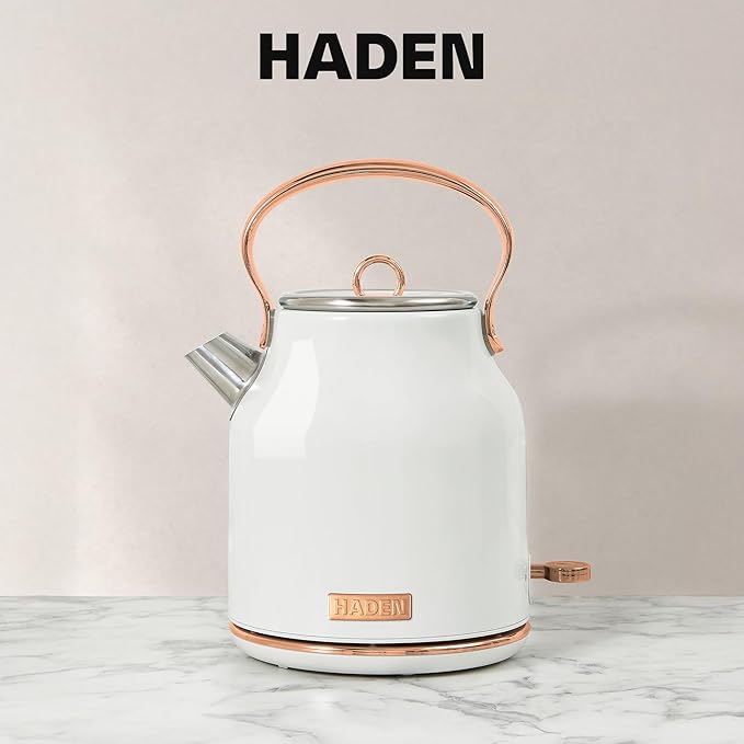 Haden Heritage 1.7 Liter Stainless Steel Electric Kettle, Hot Water Kettle with 360-Degree Base and Auto Shutoff, Ivory & Copper