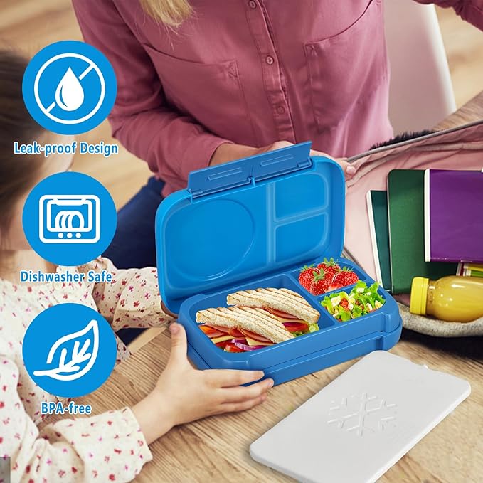 Kids Chill Leak-Proof Lunch Box-Included Reusable Ice Pack Keeps Food Cold;3-Compartment Bento Lunch Container,Microwave & Dishwasher Safe,Bento Lunch Box for School,Trvael (Blue)