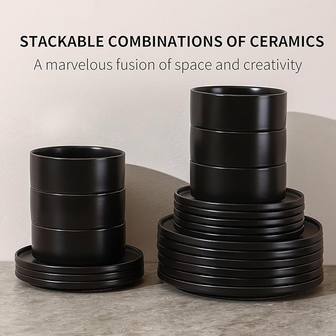 GZG Ceramic Cereal Bowls Set of 4,6 Inch Stoneware Soup Bowls,Dishwasher and Microwave Safe,Stackable,Scratch Resistant for Oatmeal,Fruit,Salads and Rice(Matte Black)