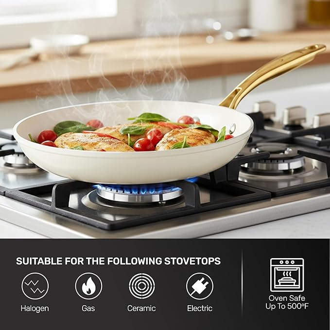 Gotham Steel 15 Pc Ceramic Cookware Set, Ceramic Pots and Pans Set Non Stick with Cooking Utensils and Steamer, Non Toxic PFOA PFOS Free, Premium Gold Stay Cool Handles, Oven & Dishwasher Safe