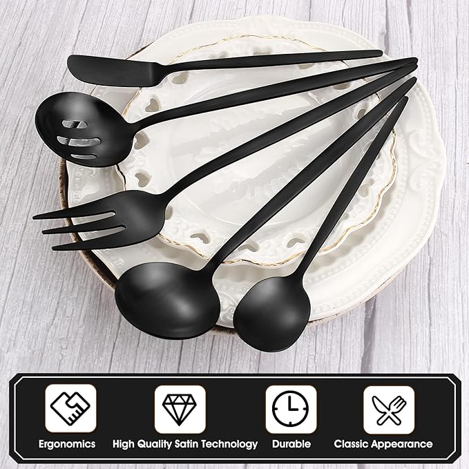 Matte Black Serving Silverware Set, 5-Piece Round Shared Utensils Set of Stainless Steel, Hostess Flatware Serving Set, Satin Finish, Dishwasher Safe