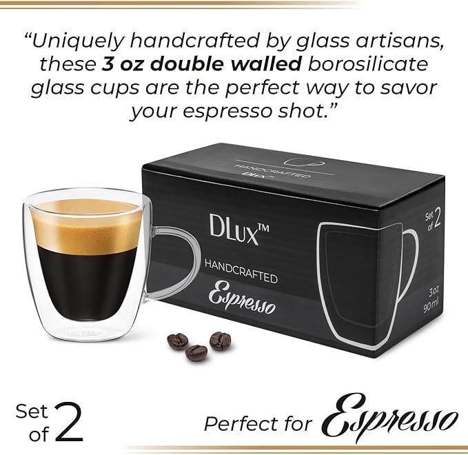DLux Espresso Coffee Cups 3oz, Double Wall, Clear Glass Set of 2 Glasses with Handles, Insulated Borosilicate Glassware Tea Cup