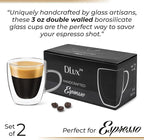 DLux Espresso Coffee Cups 3oz, Double Wall, Clear Glass Set of 2 Glasses with Handles, Insulated Borosilicate Glassware Tea Cup