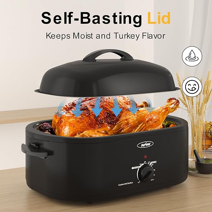 Sunvivi 22lb 18-Quart Roaster Oven, Electric Roaster Oven with Self-Basting Lid, Turkey Roaster with Unique Defrost/Warm Function, Large Roaster with Removable Pan & Rack, Stainless Steel, Black