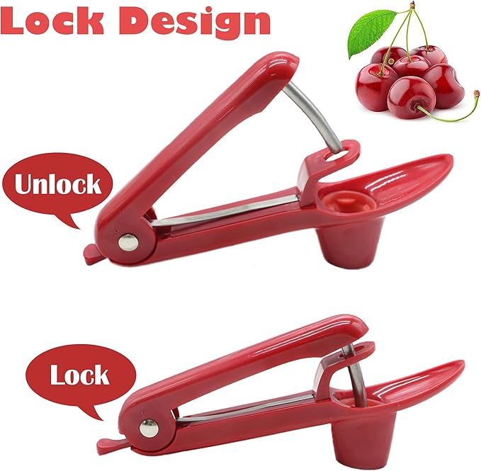 PCTC Cherries Pit Cherry pitter tool, Olives Cherry pitter Seed Stone Remover for Making CherryJam Cherries Corer Pitter Tool with Space-Saving Lock Design（Red)