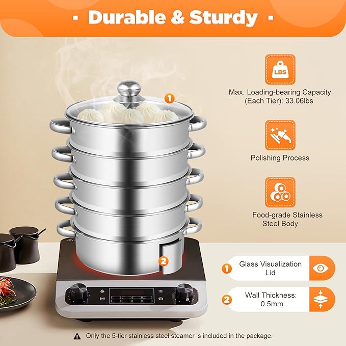 Steamer Pot for Cooking 5-Tier Stainless Steel Meat Vegetable Cooking Kitchen Steamer Cooker Multi-Layer Food Cookware with Handle for Gas Electric Stove Dumpling Stock Sauce (26cm)