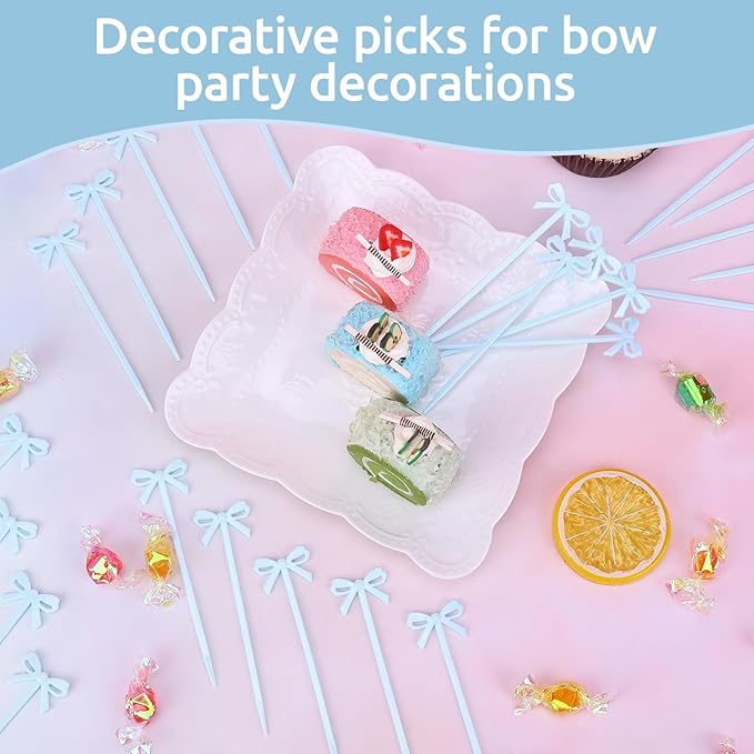 100Pcs Bow Cocktail Picks Party Toothpicks Blue Plastic Fruit Skewers Christmas Bow Drink Stirrers Cupcake Toppers Fancy Toothpick for Appetizers Drinks Wedding Coquette Birthday Bow Party Decor