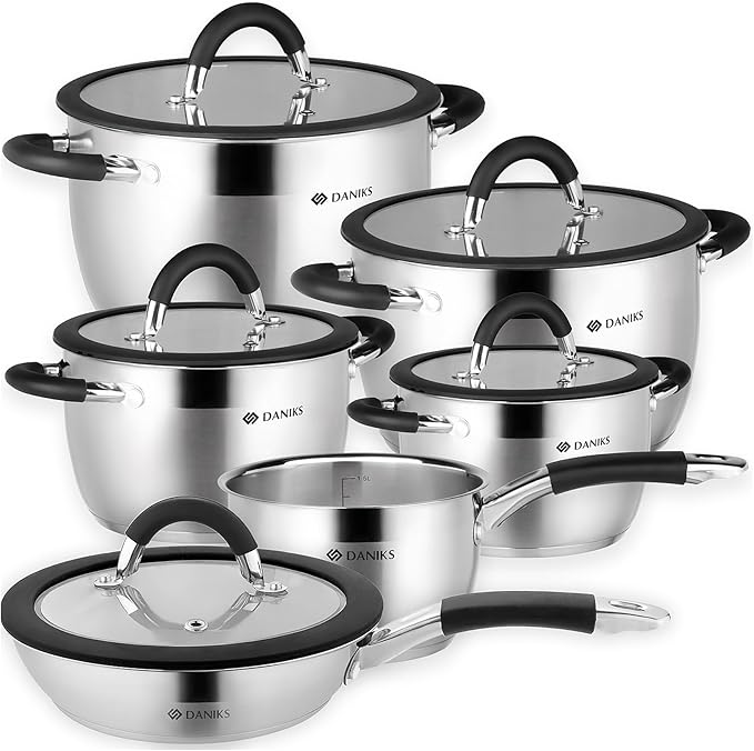 Daniks Orlando 11-Piece Stainless Steel Induction Cookware Set – Dishwasher Safe Saucepan, Frying Pan, Pots with Heatproof Handles, Glass Lids, Measuring Scale, Silver