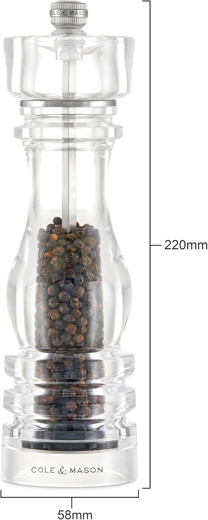 Cole & Mason London Refillable Spice Mill - Kitchen & Home Accessory - Table Black Pepper Grinder - Pepper Mill with Carbon Steel Mechanism - 8", Acrylic