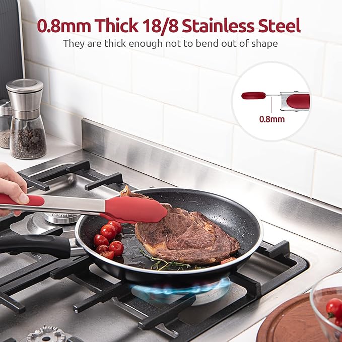 600ºF Heat Resistant Kitchen Tongs: U-Taste 12 inch Large Silicone Cooking Tong with Sturdy Non Stick Rubber Tips & Silicon Coated 18/8 Stainless Steel Handle & Smooth Locking for Serving Grill (Red)