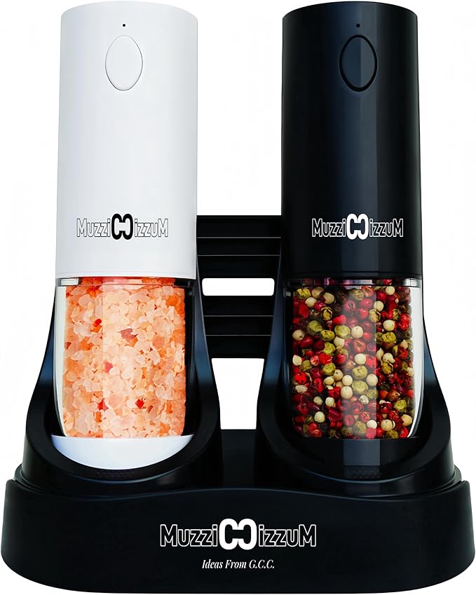 Electric Salt and Pepper Grinder Set with USB Charging Base, Upgraded 95ml Larger Capacity, Adjustable Coarseness, ABS Automatic Pepper Mill with One-Hand Operation, 2 Pack(Black+White)