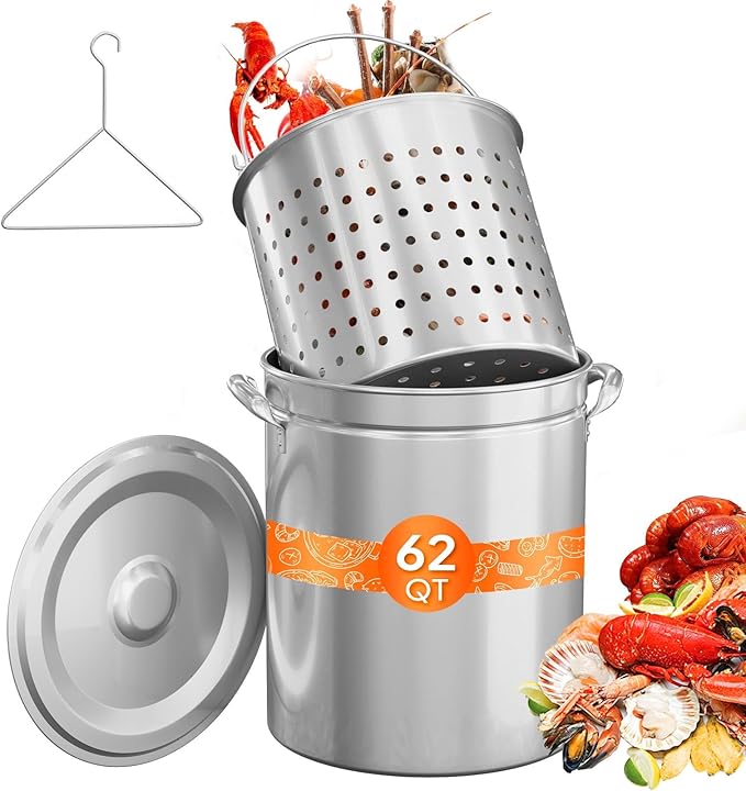 ROVSUN 62QT Stainless Steel Seafood Boil Pot With Strainer Basket, Lid & Hook, Versatile Stock for Crab, Lobster, Shrimp Boiling, Heavy-Duty Turkey Fryer for Outdoor Cooking & Gatherings