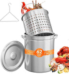 ROVSUN 62QT Stainless Steel Seafood Boil Pot With Strainer Basket, Lid & Hook, Versatile Stock for Crab, Lobster, Shrimp Boiling, Heavy-Duty Turkey Fryer for Outdoor Cooking & Gatherings