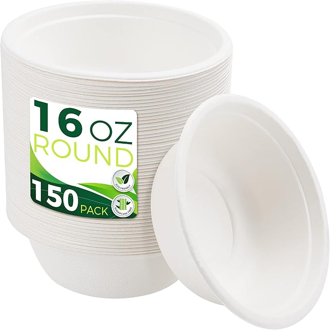 Paper Bowls 16 oz [150-Pack], Heavy Duty Disposable Bowls Perfect for Hot Soup and Milk Cereals, 100% Compostable and Eco-Friendly Made from Bagasse
