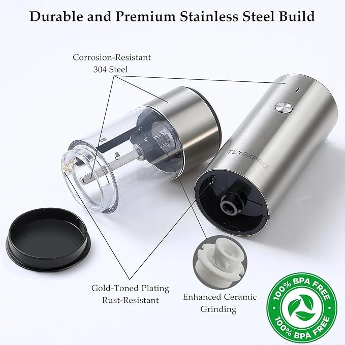 Electric Salt and Pepper Grinder Set, USB Rechargeable, Stainless Steel Automatic Salt and Pepper Mill Grinder with Adjustable Coarseness, Electric Salt Shakers, LED Light, Refillable (2 Packs)