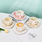 Koythin Ceramic Coffee Mug with Saucer Set, Cute Creative Pink Flower Cup Unique Irregular Design for Office and Home, 10 oz/300 ml for Latte Tea Milk