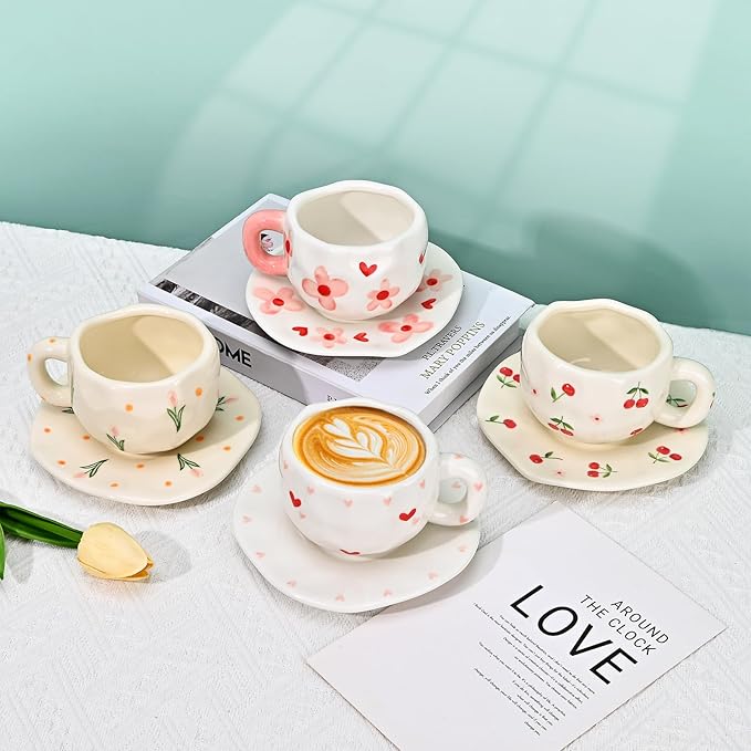 Koythin Ceramic Coffee Mug with Saucer Set, Cute Creative Pink Flower Cup Unique Irregular Design for Office and Home, 10 oz/300 ml for Latte Tea Milk