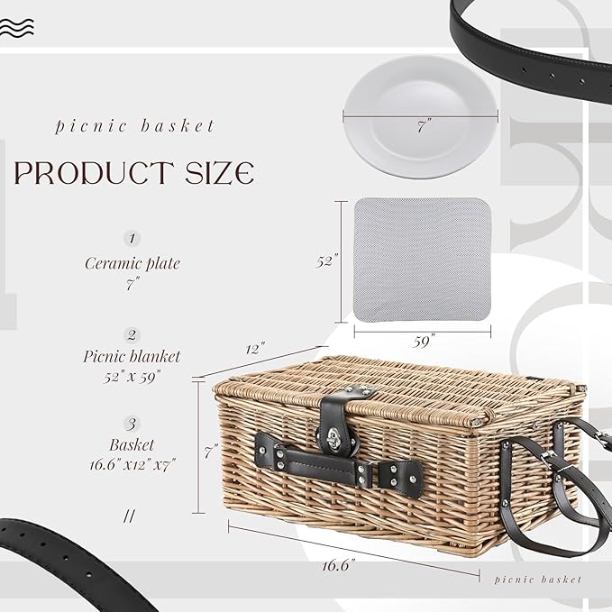Picnic Basket Set for 4 with Waterproof Blanket Mat Insulation Bag Wicker Classic White Black Polka Dots Elegant Gift for Wedding Birthday Summer Camp Outdoor Camping Beach Travel Christmas