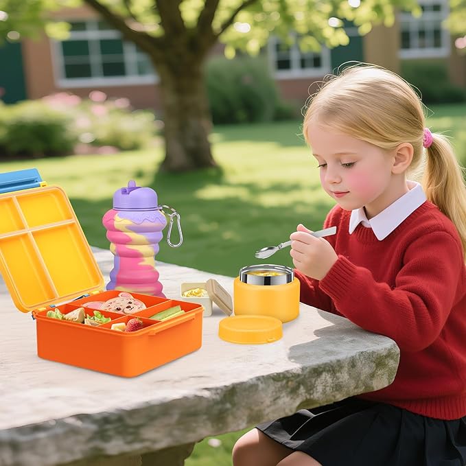 Bento Lunch Box for Kids with 9oz Soup Thermo, Leakproof Lunch Food Containers with 4 Compartment, Kids Thermo Hot Food Jar for School Travel