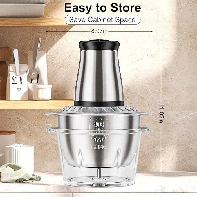 2-Speed Food Processor, Electric Meat Grinder Food Chopper with 8 Cup Glass Bowls& 8 Cup Stainless Steel Bowl for Kitchen, Vegetable, Onion, Garlic, Salad, Fruit, Nuts